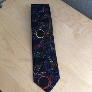 Vintage 1995 Ralph Marlin Men's Silk Necktie Black Jazz Musical Instruments Tie